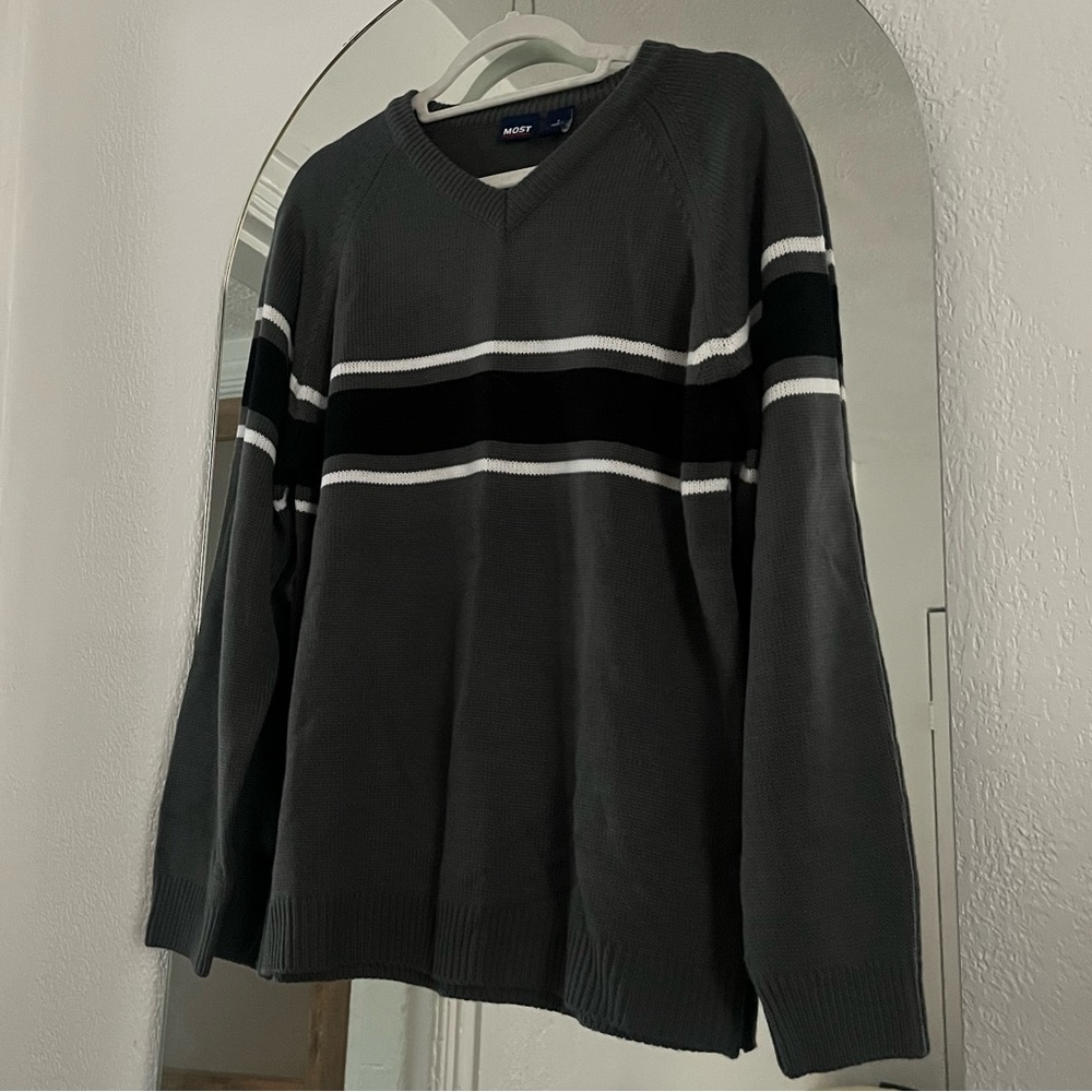 90s Grey Stripe Blocked Grunge V-Neck Sweater